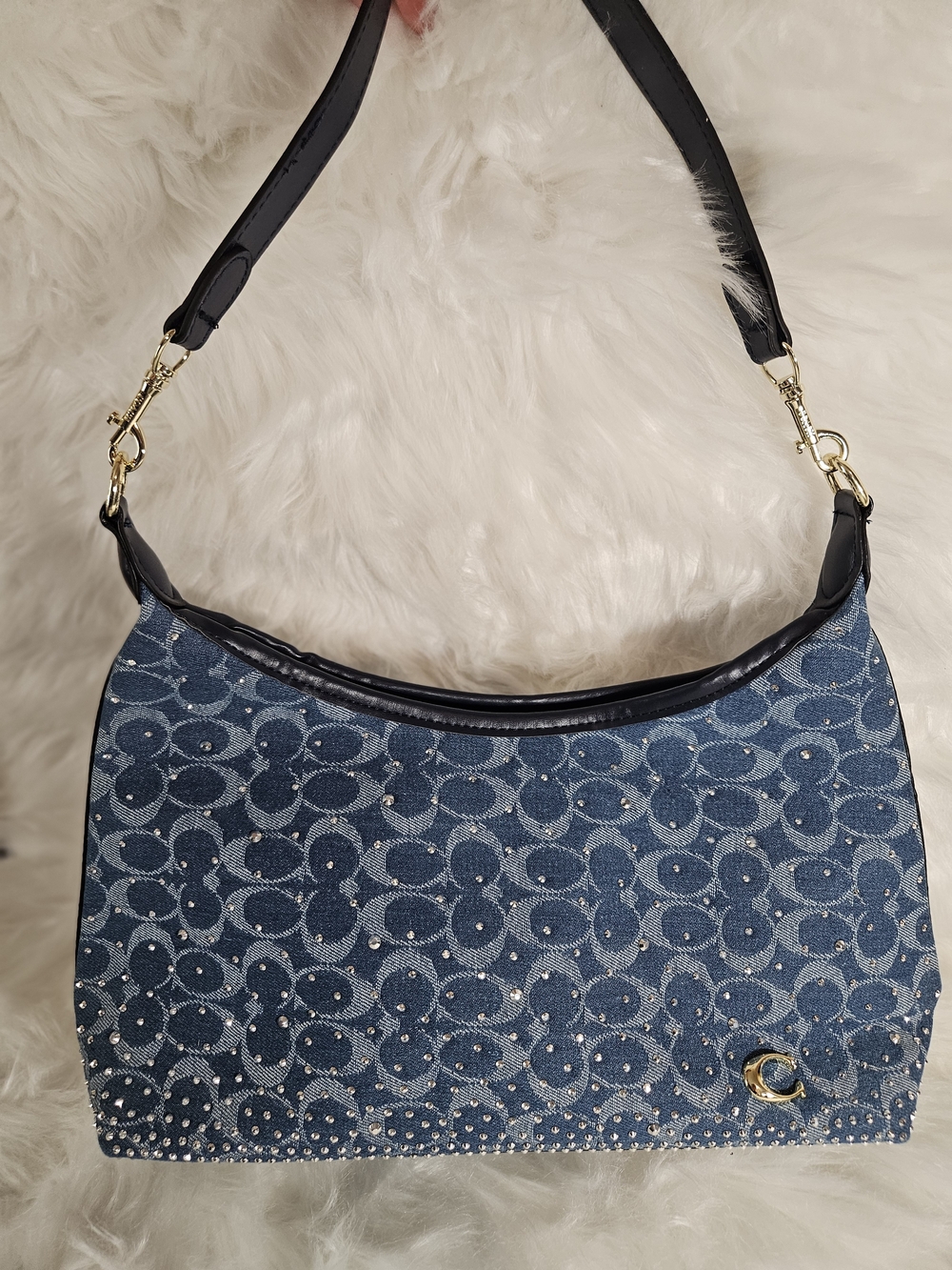 Denim Logo-Pattern Shoulder Bag with Crystal Accents - Blue